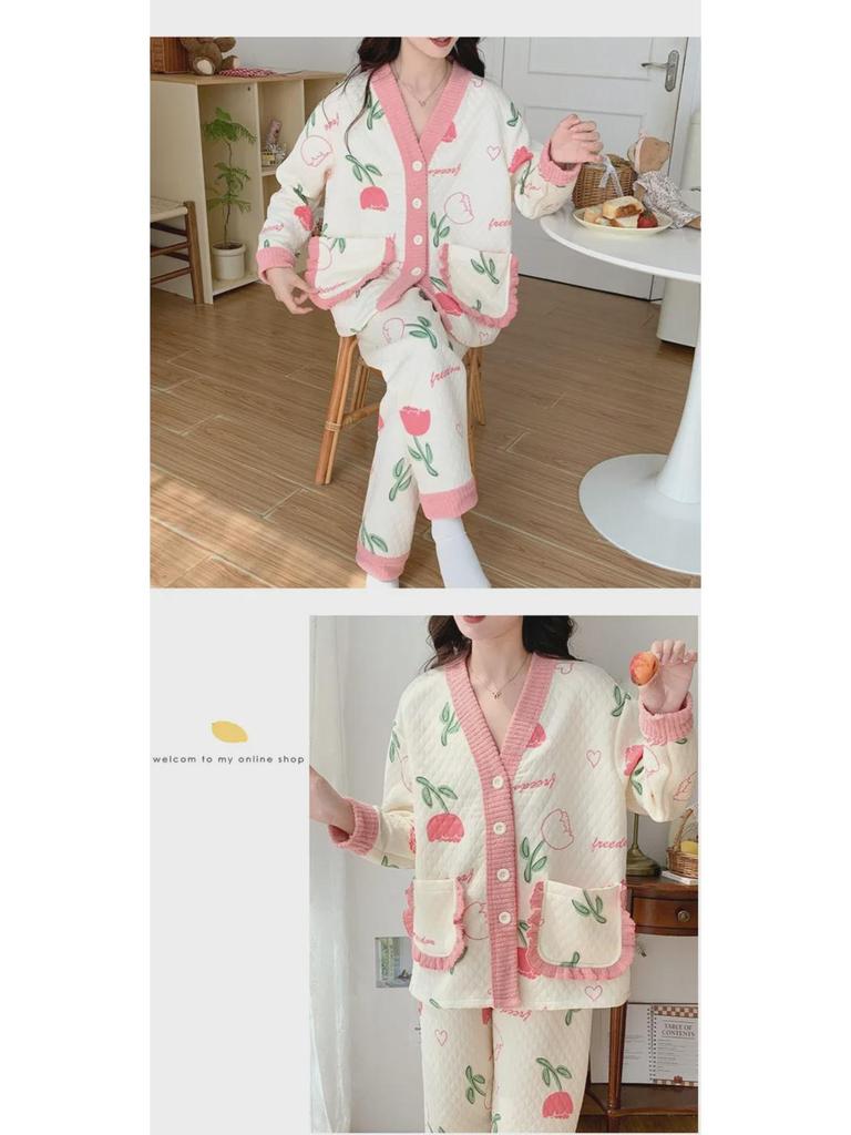 Damen Cartoon Baumwollpyjama Set - Warm und stilvoll für Herbst/Winter