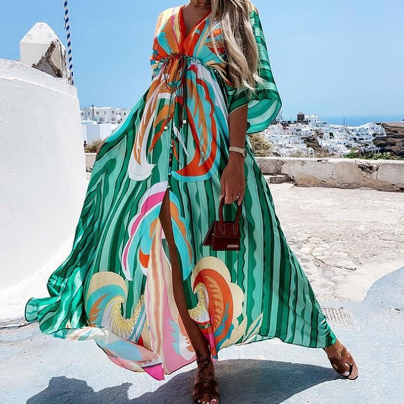 2026 Bohemian Loose V-Neck Split Hem Printed Maxi Dress Women Plus Size Flowy Long Sleeve Casual