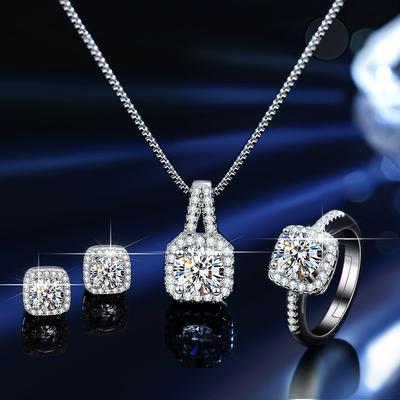 4Pcs/set Fashion Square Zircon Necklace Earrings Ring For Women Luxury Wedding Engagement Jewelry Shining Party Jewelry Gifts