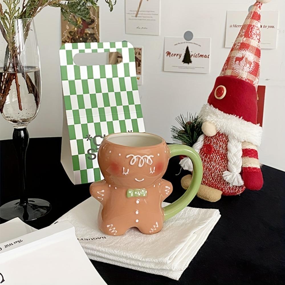 Lebkuchenmann Handbemalte Keramik-Kaffeebecher mit Geschenkbox Wasserbecher für Kaffee Tee Heiße Schokolade Weihnachtsgeschenk für Frau