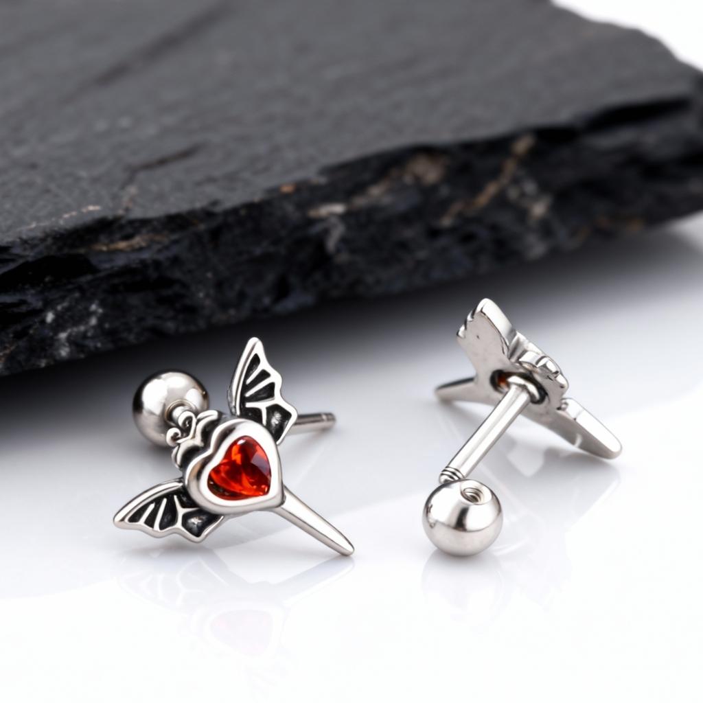 Gothic Wings Stud Earrings for Men Women,Vintage Stainless Steel Heart Zircon Sword Stud Earrings,Punk Piercing Jewelry Gift