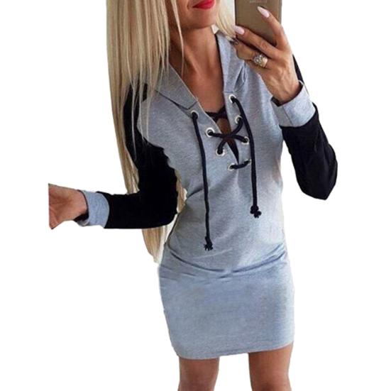 

Повседневные женские худи с длинным рукавом, V-образным вырезом на шнуровке и цветными блоками, облегающее мини-платье M серый