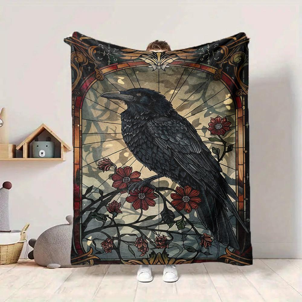 1pc Stained Glass Raven Blanket - Lightweight Flannel Fleece with Digital Printing, Soft Warm for Sofa, Travel, Camping, Office yy251018314