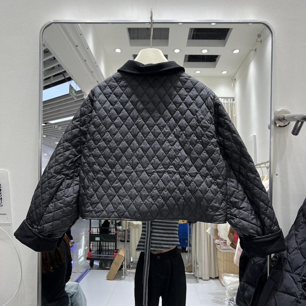 Rhombus Down Jacket Korean Fashion Small Lapel Contrasting Color Temperament Silhouette White Duck Down Jacket Women's 2024 Autumn and Winter New