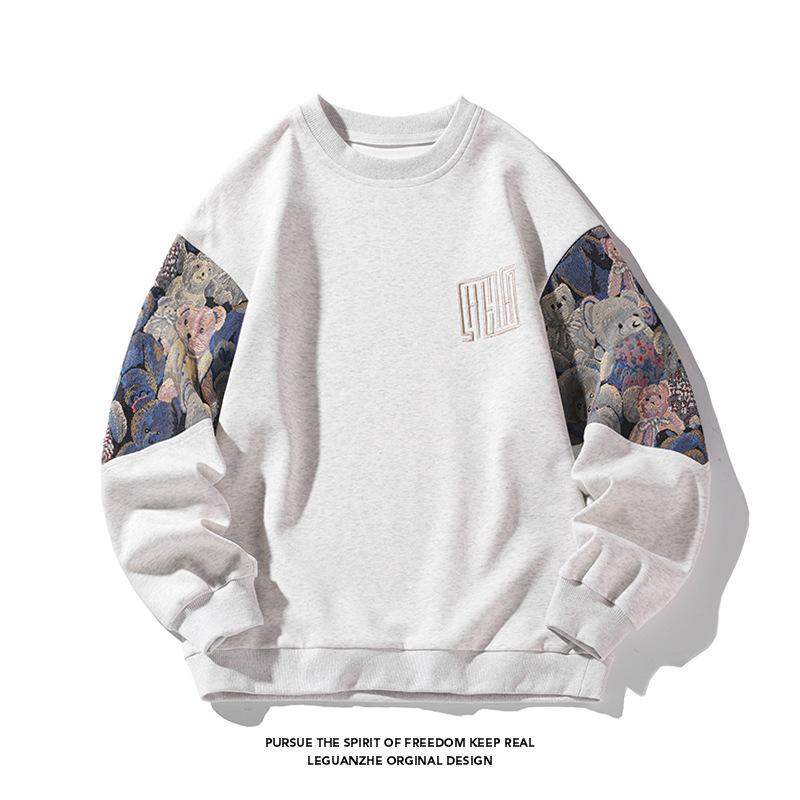 Men'S Bear Sweater Men'S Spring And Autumn Splicing Contrasting Color Embroidery Couple Crew Neck Sweater Men'S Top