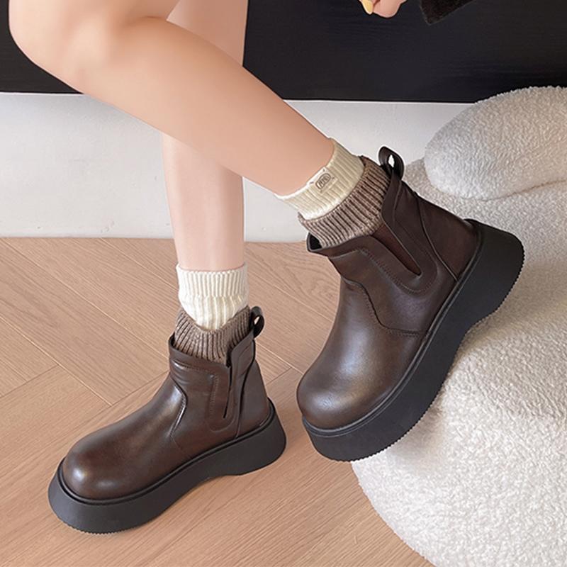 Platform Women Fur Ankle Snow Boots Flats Warm Winter Shoes Fashion Sport Walking Leather Shoes Short Plush Chelsea Boots