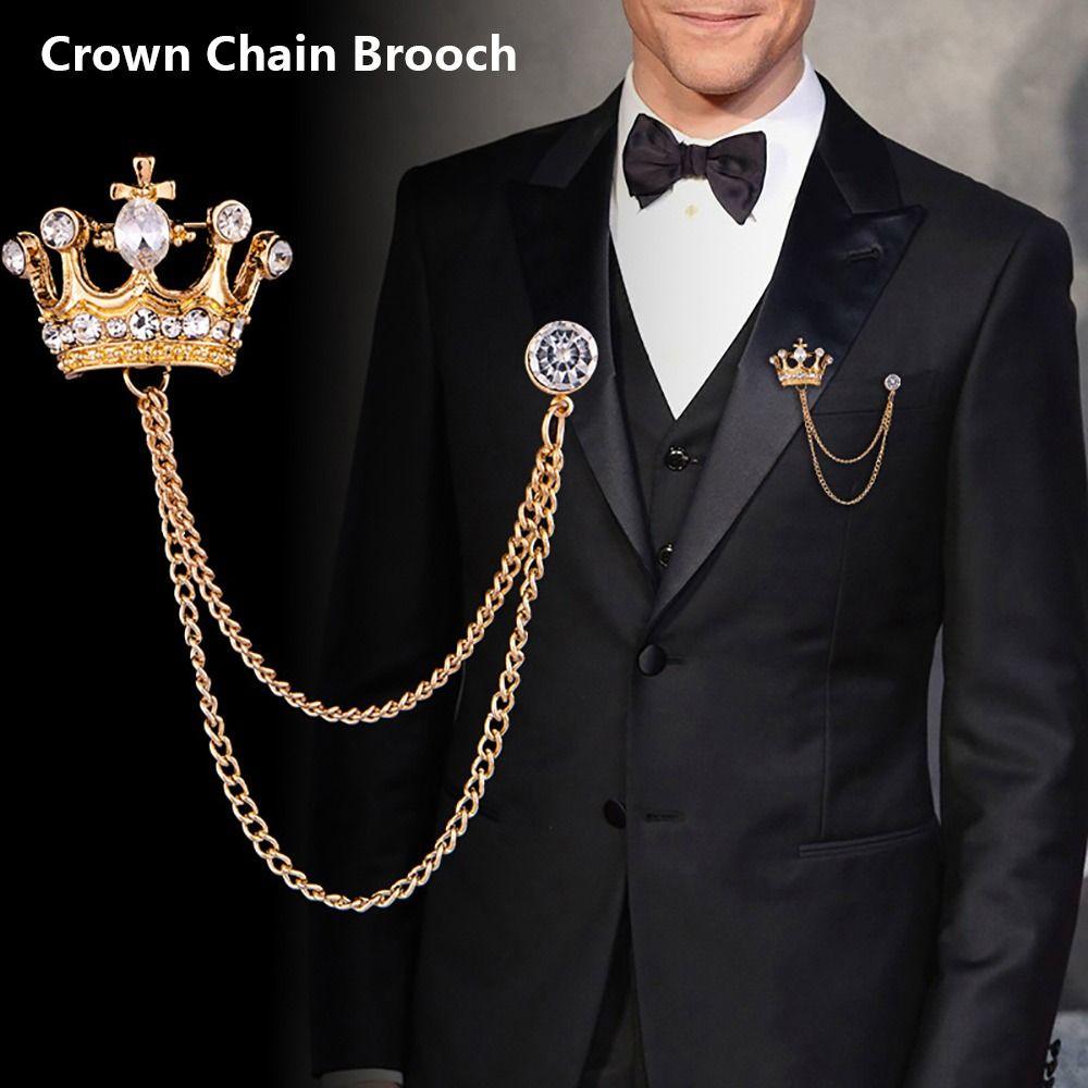 1Pcs Temperament Chain Brooch Crown Rhinestone Lapel  For Women Dress Mens Shirt Suit Set