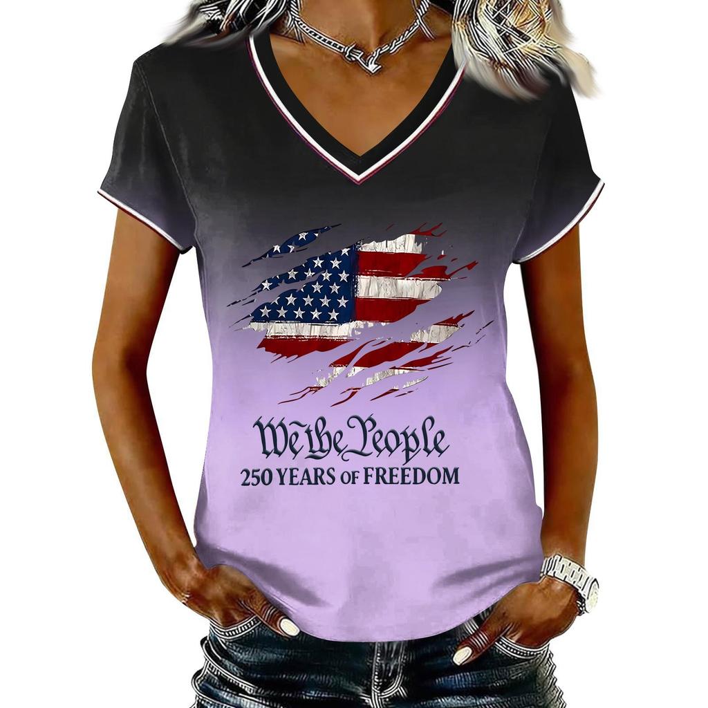 Women Casual V Neck Short Sleeve Pullover T Shirt Gradient American Flag Print Top Independence Day Patriotic Style Summer Tee