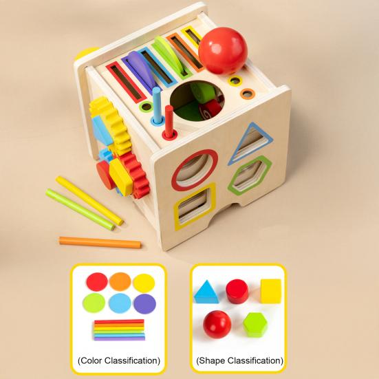 Baby Busy Cube Toy Sorting Fine 8-In-1 Wooden Activity Motor Skills Color Shape Cube Travel Portable
