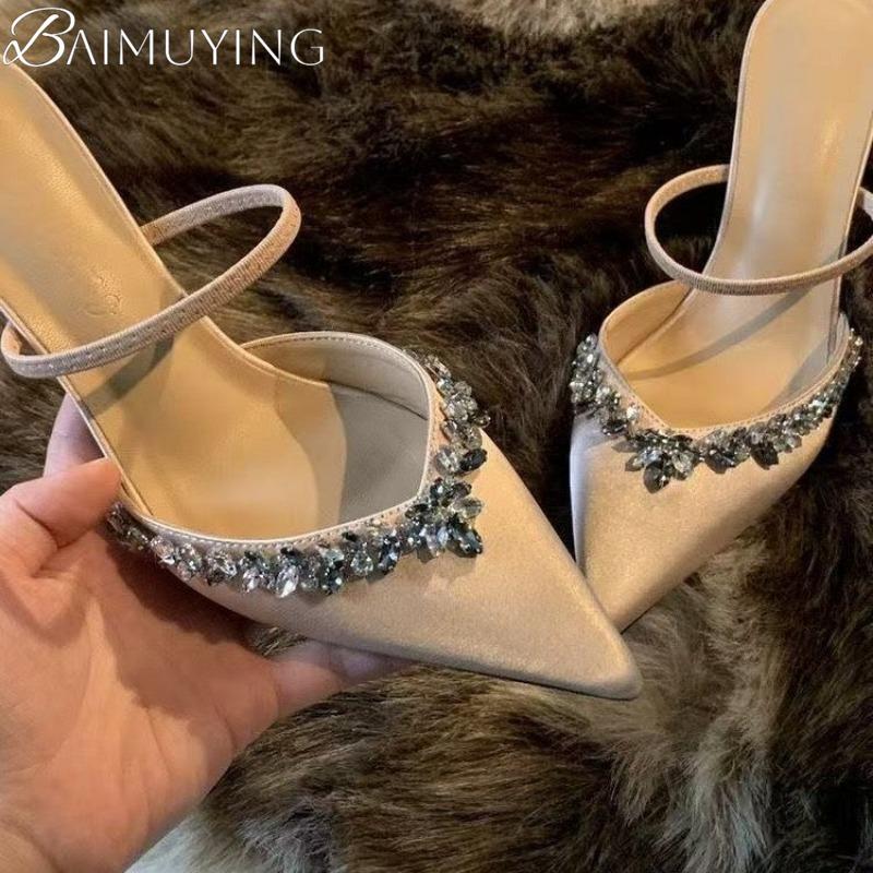Crystal High Heels Slippers Women Sandals Pointed Toe Mules Shoes Summer 2025 Luxury Party Pumps Dress Sexy Stiletto Mary Jane