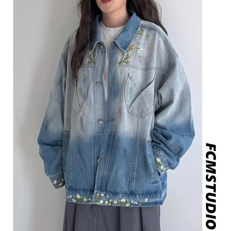 Унисекс Ретро Джинсовая Куртка с Цветочной Вышивкой и Градиентом 2XL синий