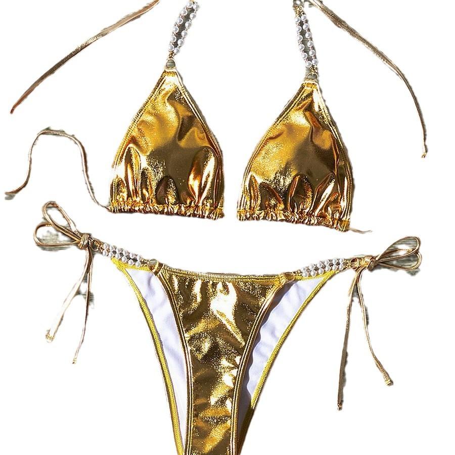 Neuer Bronzefarbener Nackenband-Bikini Perlenketten-Schmuck Sexy Strandmode Damen Badeanzug Badeanzug