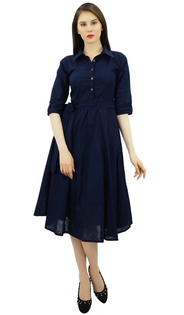 Bimba Women's 3 4 Sleeve Linen Collar Neck Solid Flared Shirt Dress with Side
