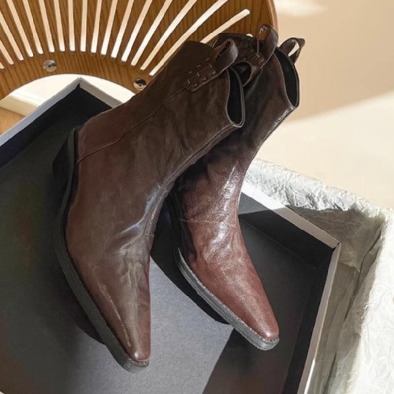 Stylish Pointed Toe Booties 2025 Fall Vintage Block Heel Pleated Rear Zipper Non-Slip Wear-Resistant Low Heel