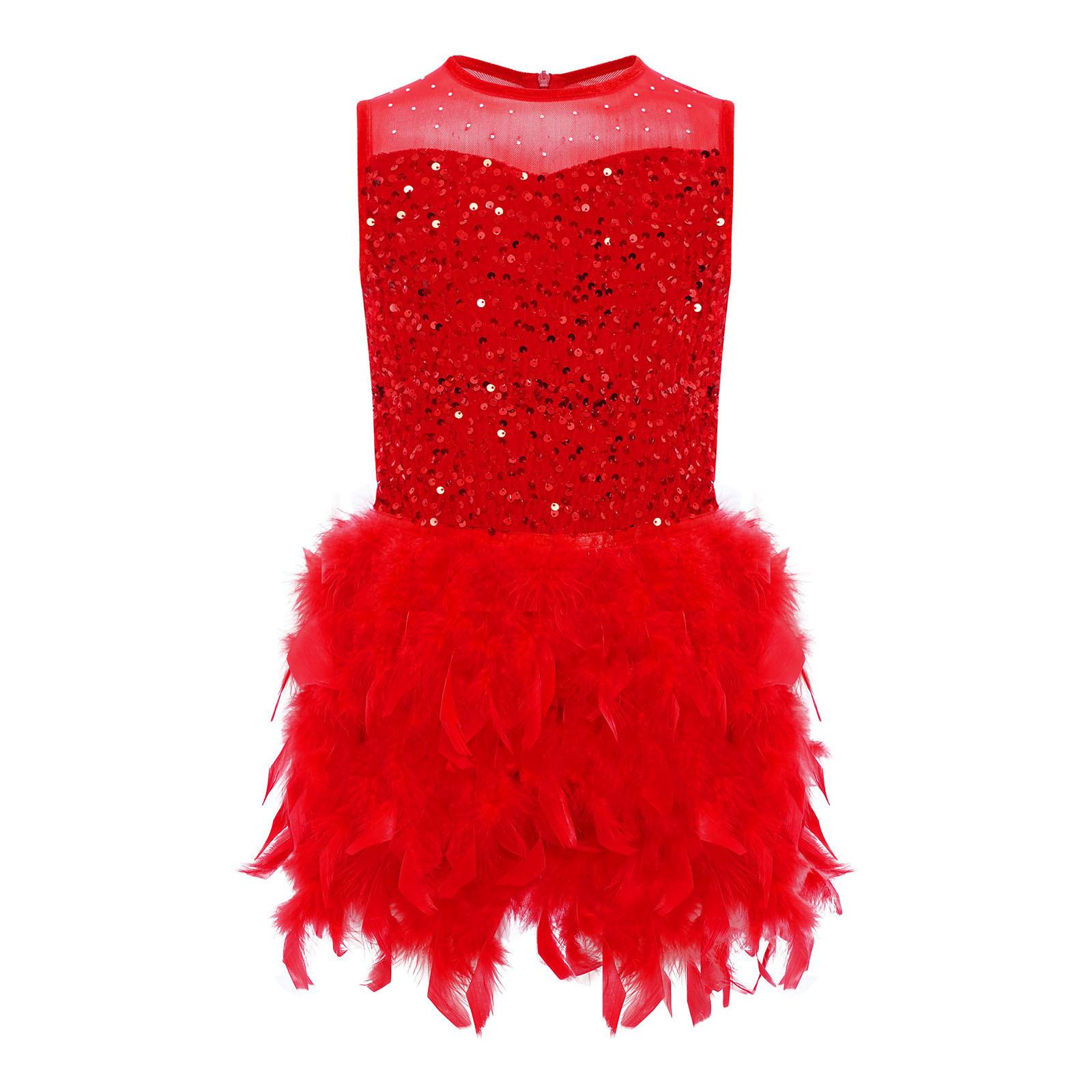 

Дитяча сукня для танцювального виступу Без рукавів Задня прихована блискавка Прозора сітка Вставки Блискучі паєтки Пір я Оксамитова сукня 5-6 Years