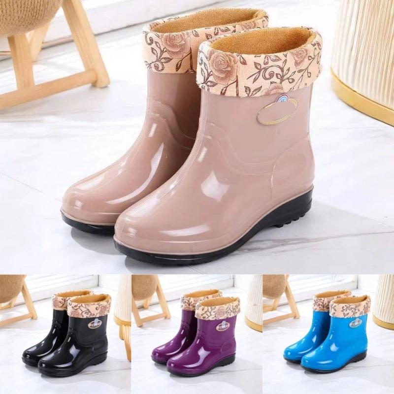 Women's Autumn And Winter Midsole Thick Soled Warm And Velvet Anti Slip Waterproof Shoes Rain Boots Rubber Shoes