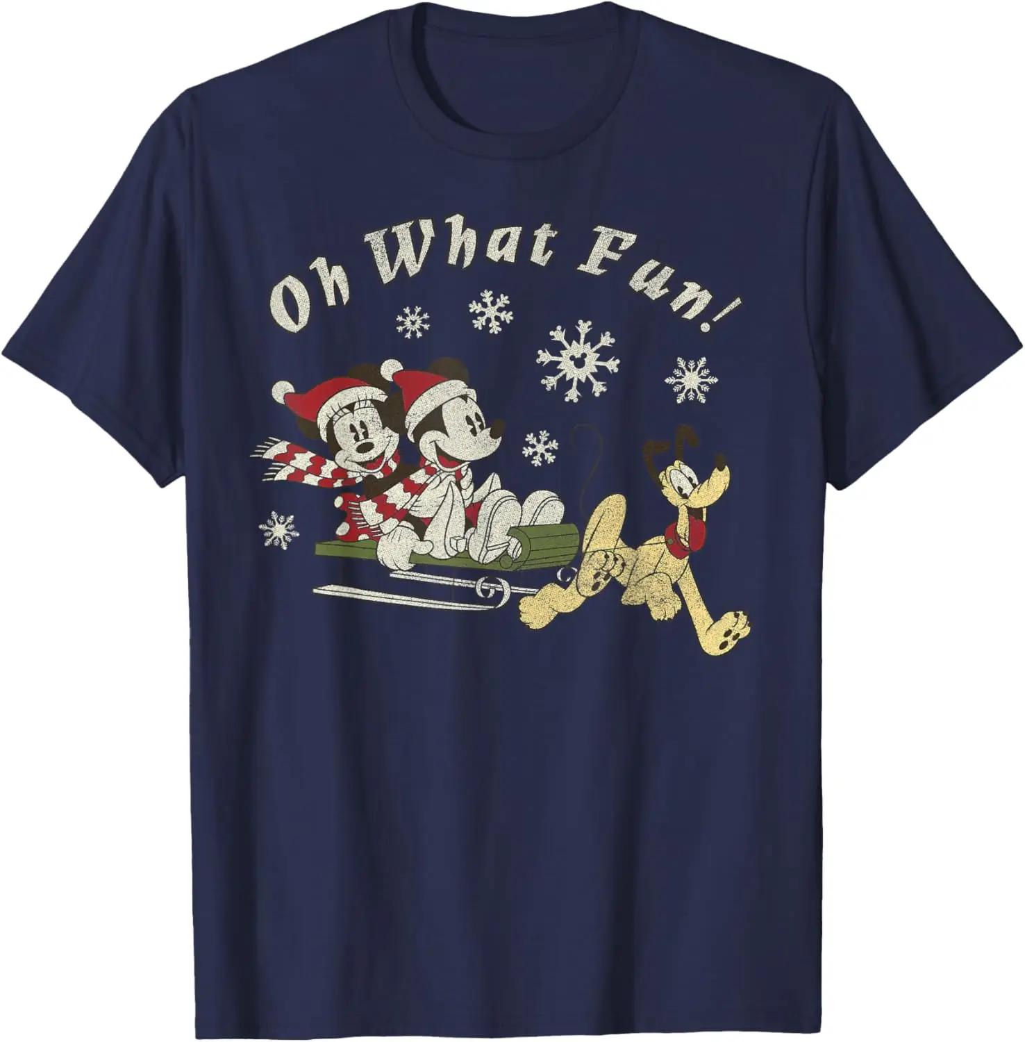Hot Fashion Casual Disney Mickey Minnie and Pluto Oh What Fun Christmas Sled T-Shirt S-4XL Summer M