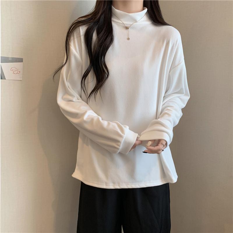 European & American Style Women's Velvet Bottoming Shirt - Autumn/Winter, Thick, Loose Half-High Collar, Long-Sleeved, Warm Plus Velvet T-shirt