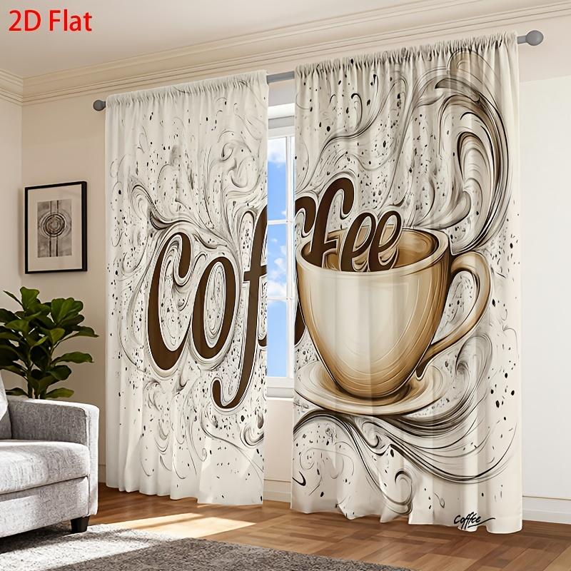 2D Flat, 2pcs 2D Flat Printing Coffee Themed Curtain Set, Coffee Kitchen Curtain Decor, High-Quality Curtains for Room Decoration, 2D Flat