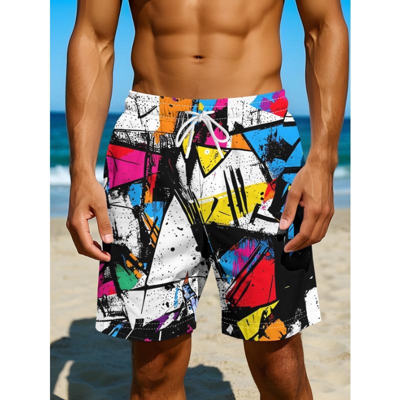 Summer Men's Beach Shorts Colorful Geometric Abstract Graffiti Art Hawaiian Casual Shorts