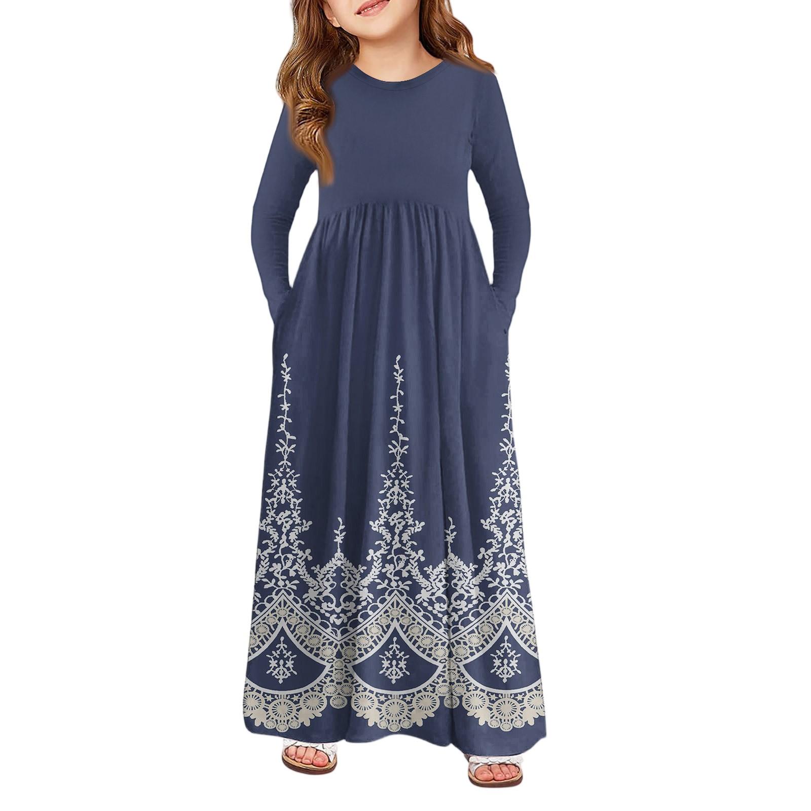 

Девичье платье макси - Платье с длинным рукавом и карманом 110 тёмно-синий