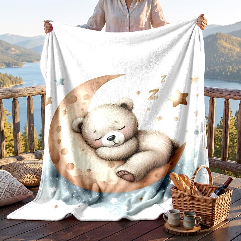 Warm Flannel Blanket Bear Pattern, Lightweight Comfortable Throw Blanket for Bed Sofa Use
