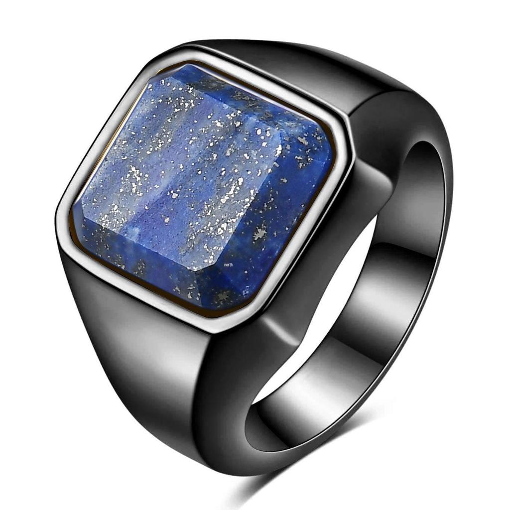 European & American Minimalist Retro Geometric 22MM Square Lapis Lazuli Inlaid Stainless Steel & Titanium Ring