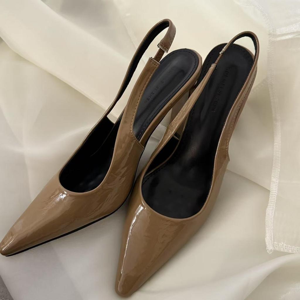 Baotou sandals women's summer 2025 new Korean version commuter high heels French patent leather high-end pointed thick heel single shoes