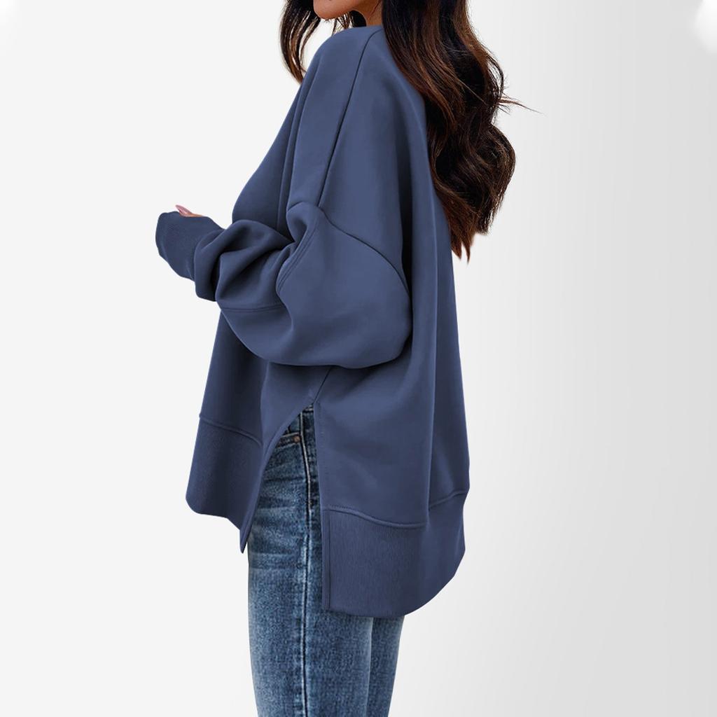 Women's Solid Color Slit Round Neck Sweatshirt Casual Top Loose Long Sleeved Top