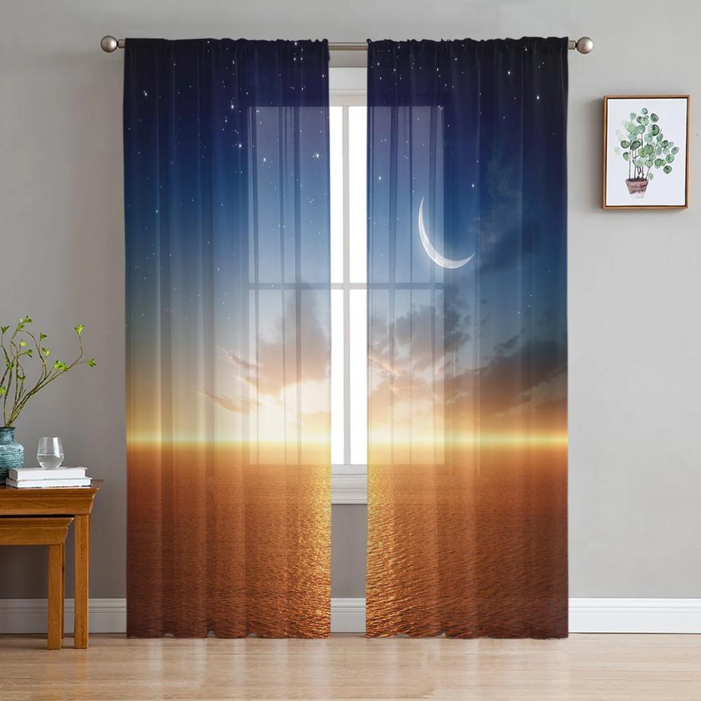 Night Sky Star Moon Sheer Curtains Living Room Window Tulle Curtains For Bedroom Kitchen Home Decoration Voile Drapes