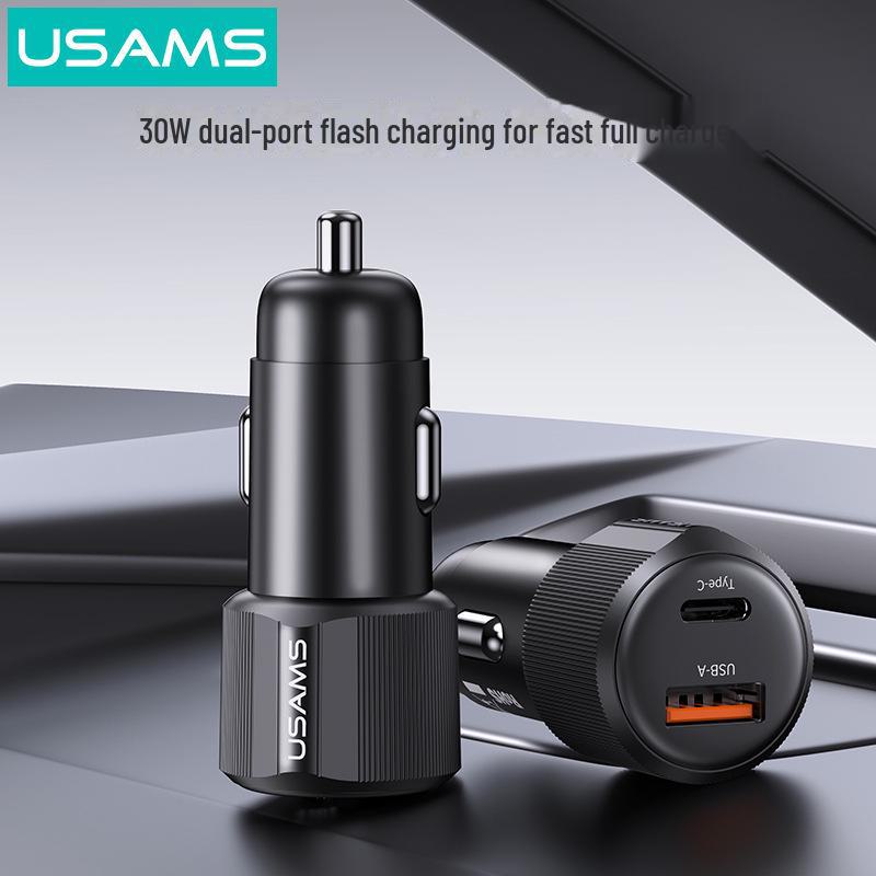 USAMS Dual Car Charger for iPhone: Cigarette Lighter & Type-C, PD60W