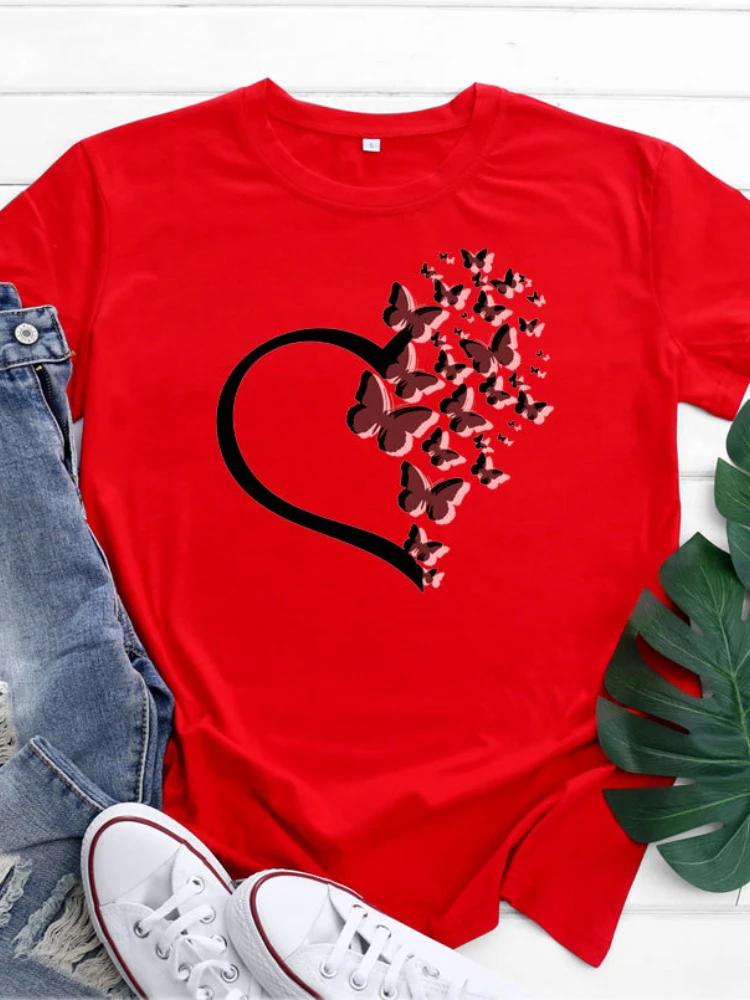 Heart Butterfly Print T Shirt Women Short Sleeve O Neck Loose Tshirt Summer Women Tee Shirt Tops Camisetas Mujer