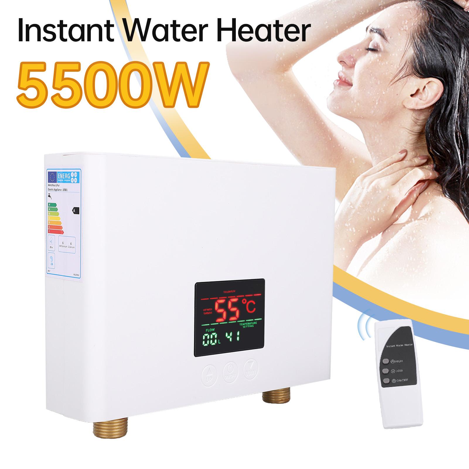 Водонагреватель 5500 Вт   Электрический проточный водонагреватель Настенный со светодиодным дисплеем и дистанционным управлением для дома, автодома, кухни, ванной комнаты, Белый