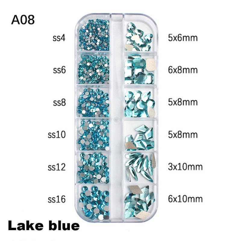12-Grid 3D Nail Art Rhinestones Set Super-Shiny Flatback Adhesive Rhinestones for DIY Decorative Nail Art Multiple Shapes