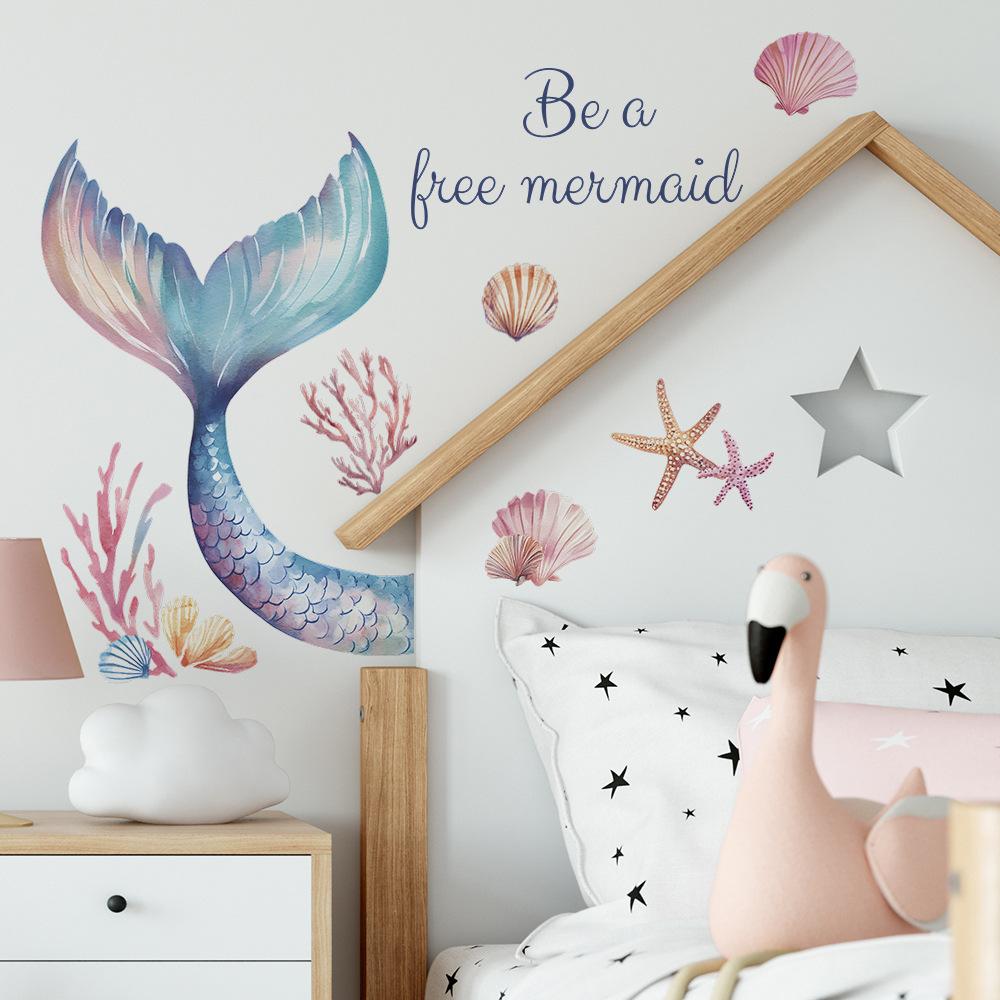 Mermaid Tail with Starfish and Shells Wall Stickers Dreamy Sea Self-Adhesive Art for Bedroom and Living Room Home Decor