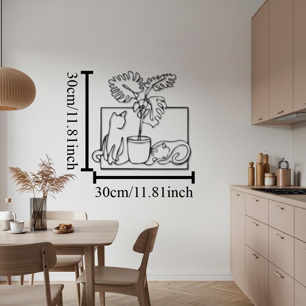

Modern Minimalist Cat and Plant Metal Wall Art, Abstract Line Drawing Decor for Living Room 12in чёрный