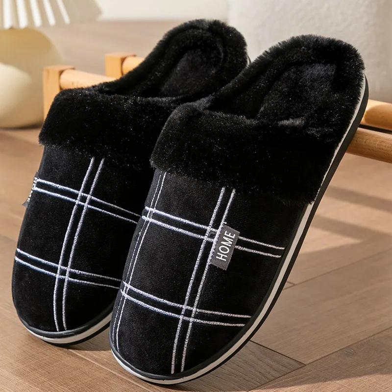 

Fashion Men Home Slippers Plaid Memory Foam Winter Plush Male Indoor Shoes Warm Soft Non-Slip Slippers Black Large size 50-51 Fashion 42-43 чёрный