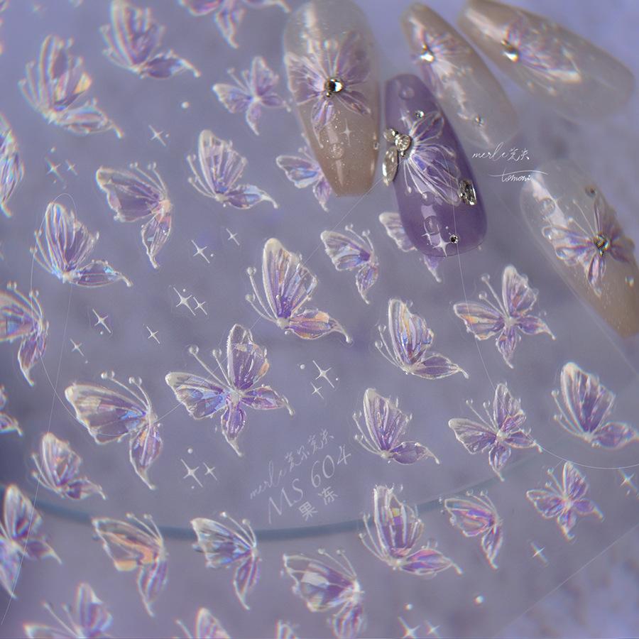 Jelly Nail Stickers Shiny Charming Butterfly Self Adhesive Nail Art Stickers Ribbon Butterfly Nails 3D Decorations Stickers DIY