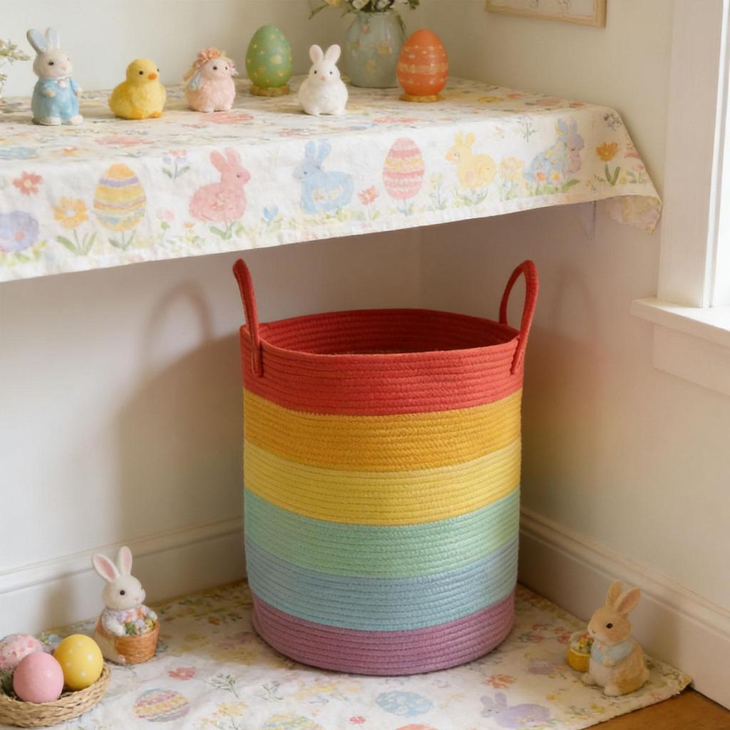 Cotton Rope Laundry Basket Freestanding Storage Bin Spacious Woven Hamper with Handles for Clothes and Toys