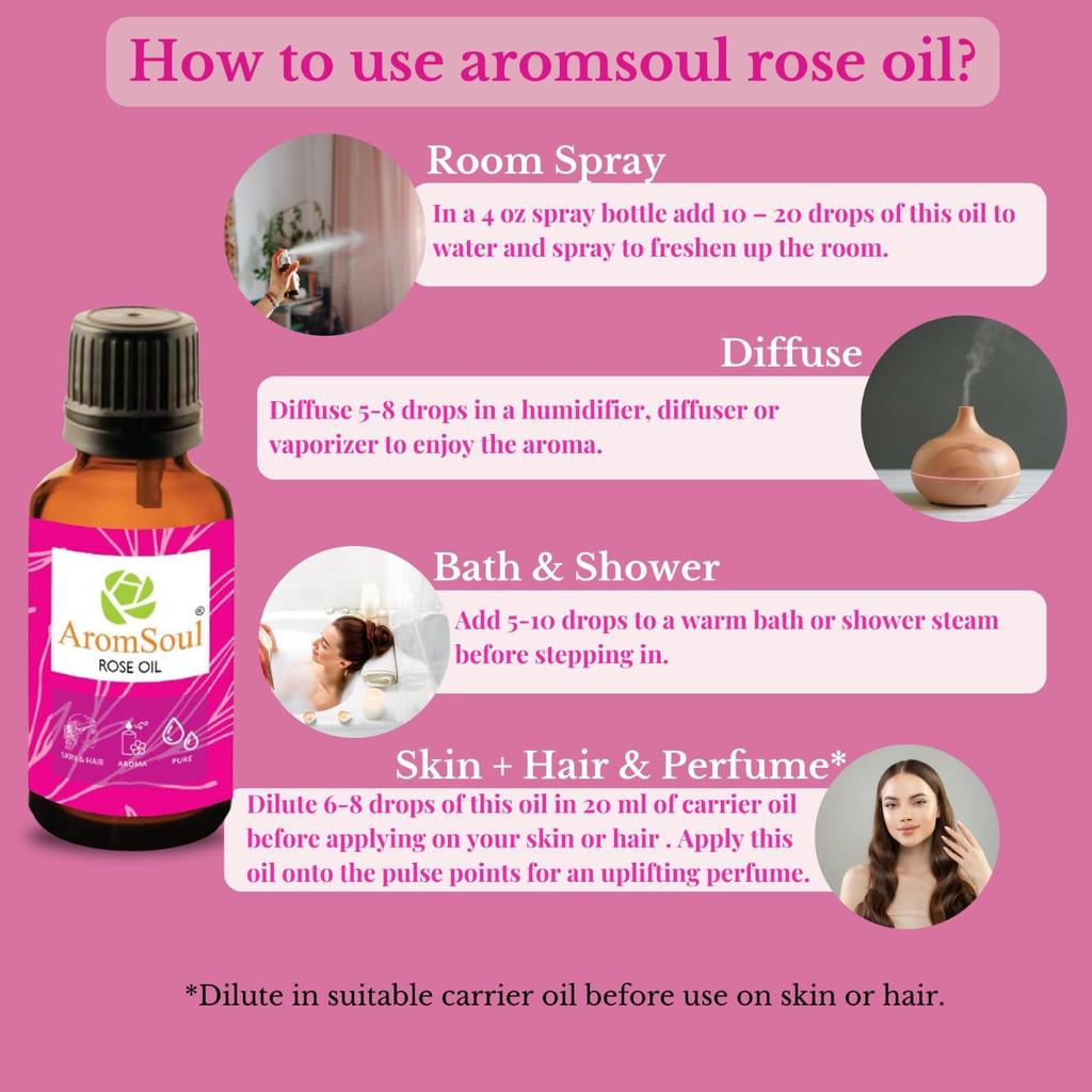 AromSoul 100% Narural & Pure Rose Essential Oil 30 ML (Gulab Oil) | For Face Skin & Hair Care | Relaxation; Boost; Massage; Face Glow