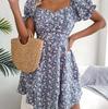 Elegant Floral Summer Dress for Women Square Collar Short Sleeve Lace Up Spring Outfit Sizes S To XL