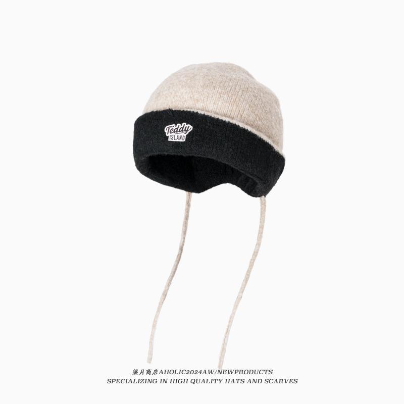 Autumn and winter hats, women's big head circumference wool knitted hats, thickened ear protectors, warm cold hats, small head hats