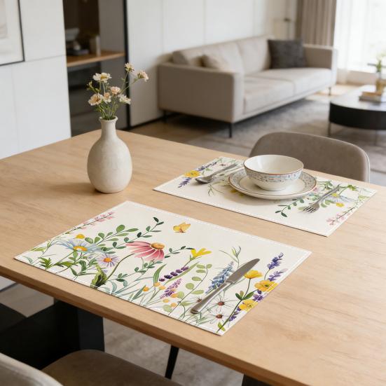 4Pcs Floral Linen Placemats 30x45cm Washable Reusable Heat-Resistant Table Mats with Plant Flower
