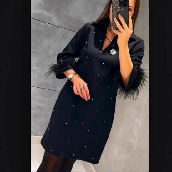 2024 Spring/Summer Luxury Socialite Feather-Embellished Long Sleeve Dress with Square Neck and Sparkling Accents