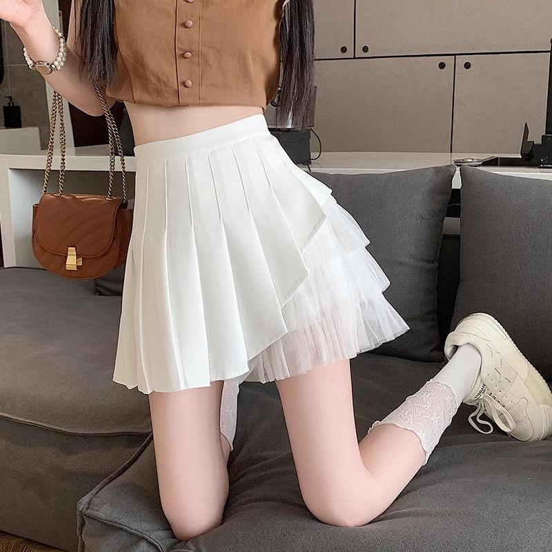 

White Short Skirt for Women Summer Fashion Patchwork Tulle Skirt High-Waisted Slimming A-Line Casual All-match Versatile Pleated Skirt XS