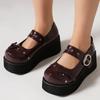 Escarpins en cuir Pu pour femmes, plateforme, talons compensés, bout rond, Mary Janes, nœud de fête, Style Punk, chaussures de printemps et d'automne, rouge vin