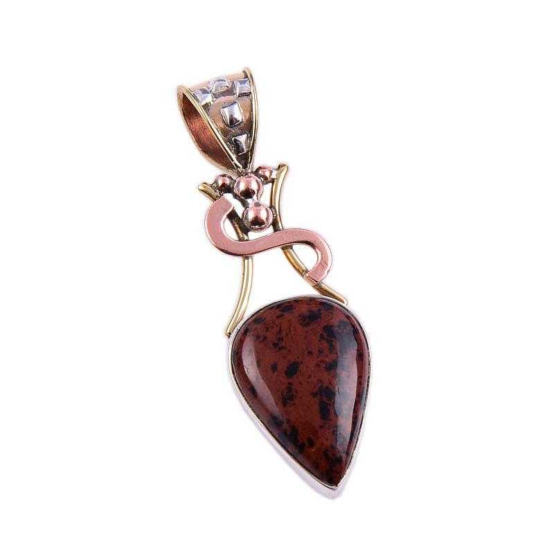 Natural Mahogany Obsidian Gemstone 925 Solid Silver Two Tone Pendant 1.75" E1r21