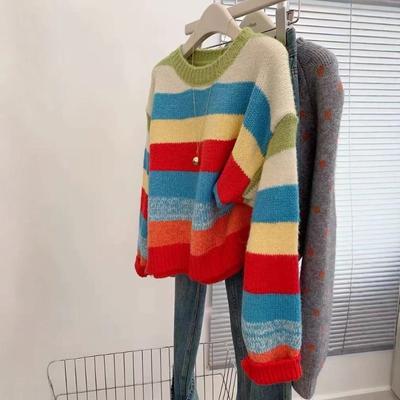 Gestreifter Rundhals-Pullover mit langen Ärmeln für Damen, gestrickter Pullover, lässig, Premium, kontrastierende Farbflächen, Frühherbst-Oberteil