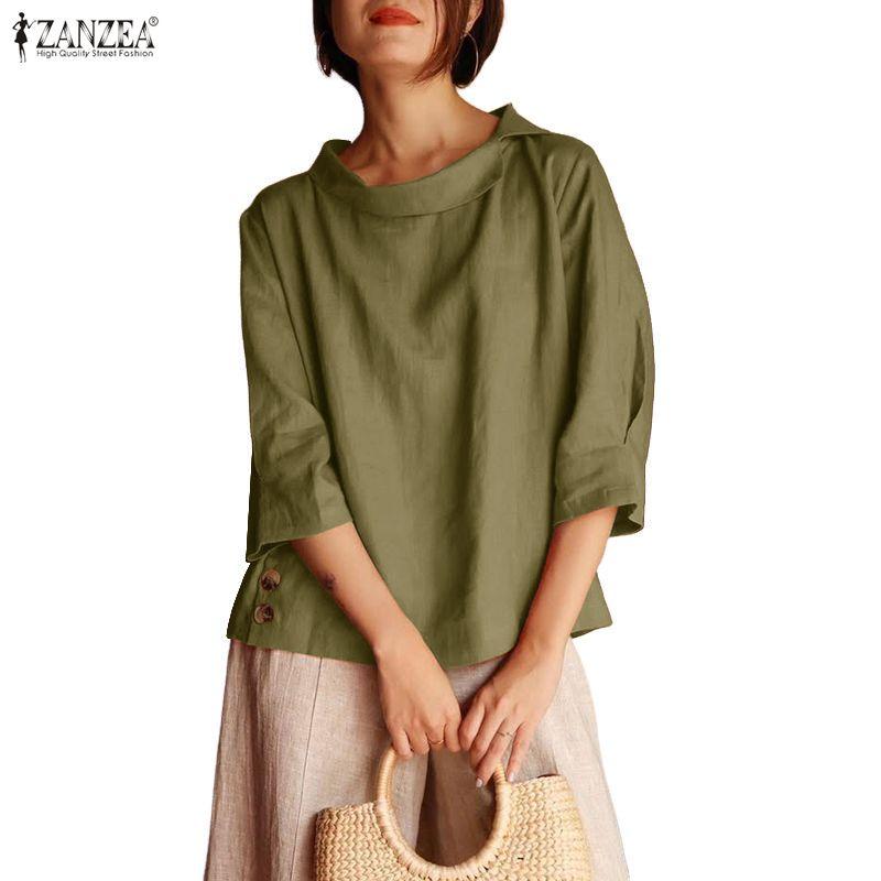 ZANZEA Women Casual Round Neck Solid Color Loose 3/4 Sleeve Blouse