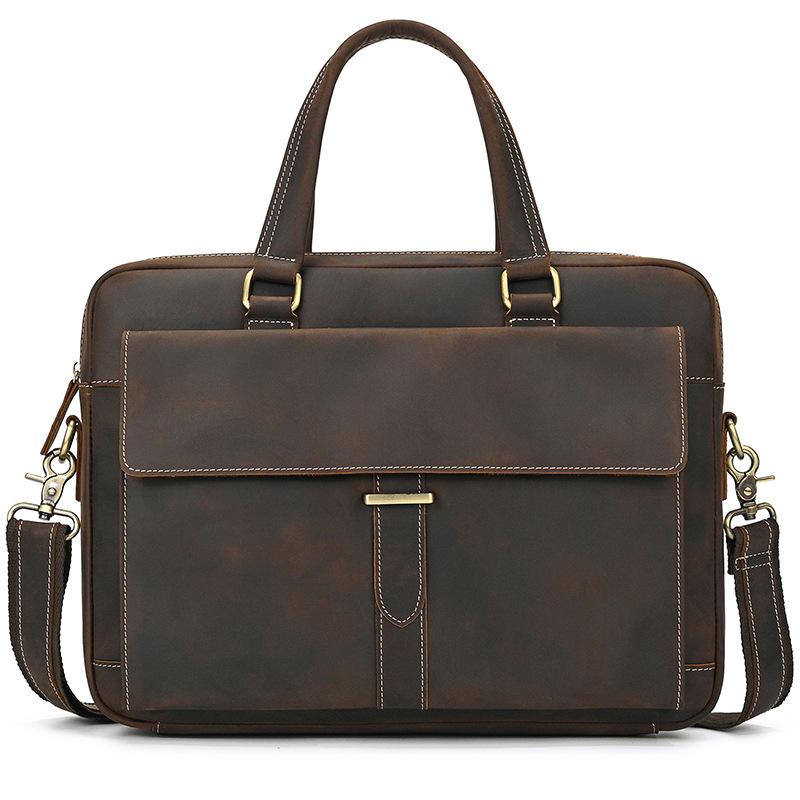 Men'S Leather Commuter Handbag 15 Inch Crazy Horse Leather Briefcase Shoulder Bag Cowhide Business Computer Bag